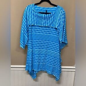 IC by Connie K Womens Size Small Blue Striped Lagenlook Sharkbite Hem Tunic